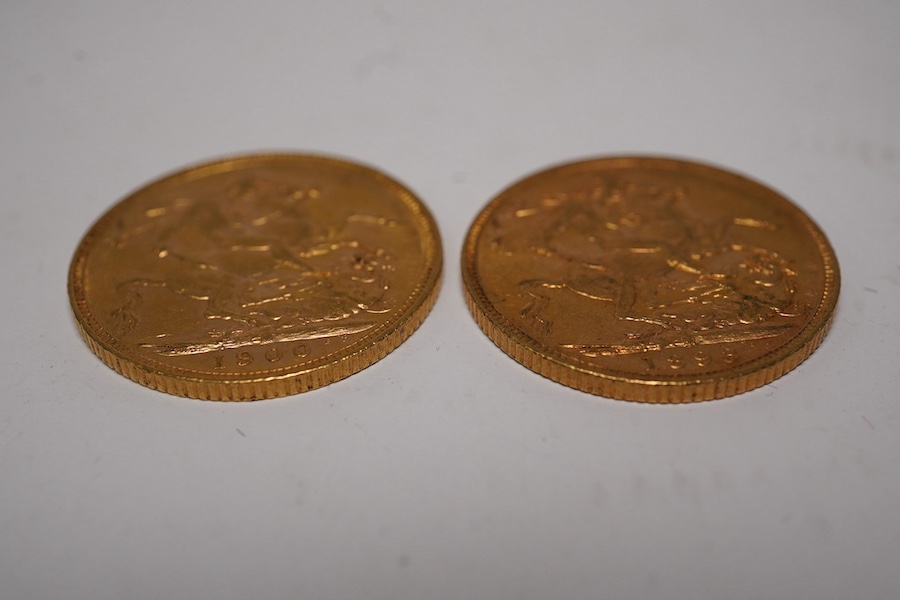 Australia gold coins, Victoria, two gold sovereigns, veiled head, 1893M, good VF and 1903M, good VF